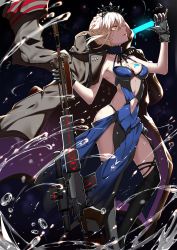 Rule 34 | absurdres, armpits, artoria pendragon (alter swimsuit rider) (fate), artoria pendragon (alter swimsuit rider) (third ascension) (fate), artoria pendragon (fate), bare shoulders, blonde hair, breasts, choker, cleavage, clothing cutout, coat, collarbone, contrapposto, crown, dragunov svd, fate/grand order, fate (series), food, gloves, glowing, gun, halterneck, highres, jeanne d&#039;arc alter (swimsuit berserker) (fate), jeanne d&#039;arc (fate), lips, lipstick, looking at viewer, looking to the side, makeup, medium breasts, navel, navel cutout, pale skin, pinky out, popsicle, profile, rifle, skindentation, sniper rifle, solo, splashing, standing, thighhighs, thong, trench coat, water, weapon, wind, yellow eyes