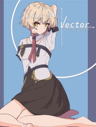 Rule 34 | 1girl, absurdres, arm behind back, arm behind head, bad id, bad pixiv id, blonde hair, brown skirt, character name, closed mouth, copyright name, girls&#039; frontline, highres, looking at viewer, necktie, on floor, red necktie, sarasa dry, shirt, short hair, simple background, skirt, solo, vector (girls&#039; frontline), white shirt, yellow eyes