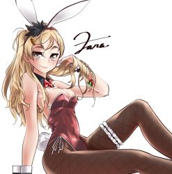 Rule 34 | 1girl, animal ears, black collar, blonde hair, bow, bowtie, braid, breasts, brown bow, brown bowtie, brown eyes, character name, collar, commentary request, detached collar, fake animal ears, feet out of frame, fishnet pantyhose, fishnets, french braid, hair ornament, hairclip, kantai collection, leotard, long hair, looking at viewer, medium breasts, pantyhose, playboy bunny, rabbit ears, rabbit girl, rabbit tail, red bow, red bowtie, red leotard, simple background, solo, strapless, strapless leotard, tail, udukikosuke, wavy hair, white background, wrist cuffs, zara (kancolle)