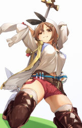 Rule 34 | 1girl, :3, arms behind head, atelier (series), atelier ryza, atelier ryza 1, belt, breasts, brown eyes, brown hair, brown thighhighs, cleavage, closed mouth, fu-ta, hair ornament, hairclip, hat, highres, kneeling, looking at viewer, medium breasts, navel, red shorts, reisalin stout, short hair, short shorts, shorts, simple background, solo, thighhighs, thighs, white background, white hat, white thighhighs
