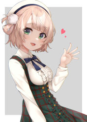 Rule 34 | 1girl, blue neckwear, center frills, collared shirt, commission, frills, green eyes, grey background, hair ornament, hat, highres, indie virtual youtuber, izumi kei, light brown hair, long sleeves, looking at viewer, official alternate costume, open mouth, pom pom (clothes), pom pom hair ornament, shigure ui (vtuber), shigure ui (vtuber) (casual), shirt, simple background, skeb commission, upper body, virtual youtuber, white background, white hat