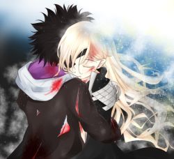 Rule 34 | 1boy, 1girl, black hair, blonde hair, blood, blood from mouth, blood on face, blood on clothes, eyepatch, closed eyes, hat, hug, kamijou touma, long hair, othinus, shin (highest1192), spiked hair, toaru majutsu no index, toaru majutsu no index: new testament, torn clothes, witch hat