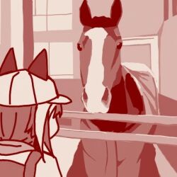 Rule 34 | 1girl, anonymous (japanese), baseball cap, cheval grand (racehorse), cheval grand (umamusume), creature and personification, ear covers, ears through headwear, from behind, hat, horse, horse girl, lowres, multicolored hair, real life, sepia, streaked hair, third-party source, umamusume, upper body