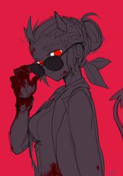 Rule 34 | 1girl, adjusting eyewear, adjusting glasses, after battle, aviator sunglasses, blood, blood on clothes, blood on face, blood on hands, demon girl, demon horns, demon tail, gloves, helltaker, highres, horns, jacket, jacket on shoulders, justice (helltaker), limited palette, looking at viewer, looking over eyewear, looking over glasses, necktie, noah (tettsui-sole), red background, red eyes, red theme, sleeves rolled up, sunglasses, tail, tinted eyewear