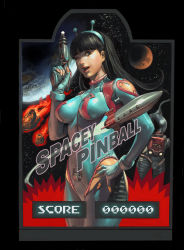 Rule 34 | 1girl, antennae, asteroid, black hair, bodysuit, breasts, earth (planet), gun, hand on own hip, hip focus, impossible clothes, junny, large breasts, long hair, moon, one eye closed, original, pinball, planet, rocket, skin tight, solo, space, spacesuit, star (symbol), weapon, wink