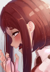Rule 34 | 1girl, absurdres, blush, bodysuit, boku no hero academia, brown eyes, brown hair, close-up, cosplay, from side, hair strand, half-closed eyes, hand in own hair, highres, looking ahead, messy hair, open mouth, pink bodysuit, profile, short hair, sidelocks, solo, thick eyebrows, toga himiko, uniform, uraraka ochako, uraraka ochako (cosplay), zd (pixiv6210083)