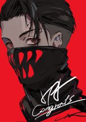 Rule 34 | 1boy, artist name, bishounen, black hair, character name, hair slicked back, head only, highres, lam (ramdayo), looking at viewer, male focus, mask, mouth mask, portrait, red background, red eyes, red theme, rpr, scarz, solo, virtual youtuber