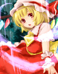 Rule 34 | 1girl, :o, blonde hair, blouse, blush, collared shirt, embodiment of scarlet devil, face, female focus, flandre scarlet, hat, makuwauri, mob cap, red eyes, shirt, short hair, side ponytail, solo, touhou, traditional media, white hat, white shirt, wings, wrist cuffs
