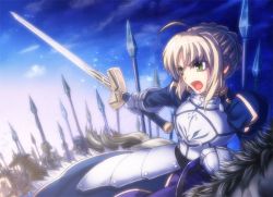 Rule 34 | 1girl, ahoge, armor, armored dress, army, artoria pendragon (fate), blonde hair, breastplate, cavalry, dress, excalibur (fate/stay night), fate/stay night, fate (series), faulds, gauntlets, glowing, glowing sword, glowing weapon, green eyes, horse, knight, mo-ai, polearm, saber (fate), sky, solo, spear, sword, war, weapon