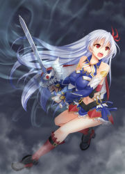 Rule 34 | &gt;:o, 10s, 1girl, :o, detached sleeves, eleonora viltaria, hair ornament, highres, holding, long hair, madan no ou to vanadis, navel, red eyes, silver hair, solo, sword, v-shaped eyebrows, very long hair, weapon, youshuu