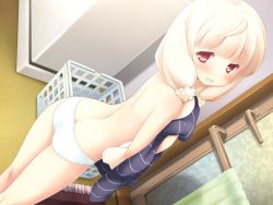 Rule 34 | 1girl, ass, back, blonde hair, blush, butt crack, cafe sourire, game cg, gayarou, holding, holding clothes, jpeg artifacts, laundry basket, long hair, looking at viewer, official art, ogiwara kyouko, red eyes, sidelocks, solo, topless, underwear, underwear only, wince