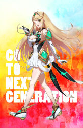 Rule 34 | 1girl, bare shoulders, blonde hair, blush, breasts, cleavage, cleavage cutout, clothing cutout, commentary request, dress, earrings, elbow gloves, full body, gloves, gradient background, green322, highres, jewelry, looking at viewer, medium breasts, mythra (xenoblade), nintendo, one eye closed, open mouth, short dress, simple background, sleeveless, solo, thigh strap, tiara, turtleneck, white dress, white gloves, xenoblade chronicles (series), xenoblade chronicles 2, yellow eyes