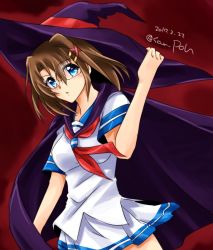 Rule 34 | 1girl, brown hair, commentary request, dated, glasses, hair between eyes, hair ornament, hat, lyrical nanoha, pleated skirt, san-pon, school uniform, serafuku, short sleeves, skirt, solo, twitter username, voice actor connection, white skirt, witch hat, x hair ornament, yagami hayate