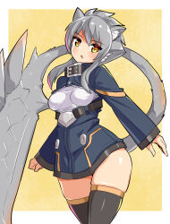 Rule 34 | 1girl, animal ears, ashroa (cougar1404), black thighhighs, blue jacket, cat ears, cat girl, cat tail, cougar (cougar1404), cowboy shot, grey hair, jacket, long sleeves, looking at viewer, no pants, open mouth, original, short hair, sidelocks, skindentation, solo, standing, sword, tail, thighhighs, weapon, yellow background, yellow eyes