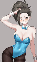 Rule 34 | 1girl, absurdres, arm up, black eyes, black hair, blue leotard, boku no hero academia, bow, bowtie, breasts, cleavage, covered navel, detached collar, grin, highleg, highleg leotard, highres, large breasts, leotard, long hair, looking at viewer, pantyhose, playboy bunny, ponytail, smile, solo, strapless, strapless leotard, teeth, wrist cuffs, yaoyorozu momo, zd (pixiv6210083)