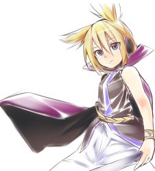 Rule 34 | 1girl, blonde hair, blue eyes, bracelet, cape, closed mouth, earmuffs, expressionless, ginnkei, hair between eyes, holding, holding stick, jewelry, looking at viewer, pointy hair, purple cape, ritual baton, shirt, short hair, simple background, sleeveless, sleeveless shirt, solo, stick, touhou, toyosatomimi no miko, white background