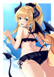 Rule 34 | :d, ass, bare arms, bare legs, bare shoulders, bikini, black bikini, blood, blue eyes, border, breasts, butt crack, cloud, commentary, cowboy shot, demon girl, demon horns, demon tail, demon wings, forehead, frilled bikini, frills, from behind, hand up, high ponytail, highres, hololive, horns, kosuke (bb), large breasts, long hair, looking at viewer, looking back, open mouth, parted bangs, pointy ears, scrunchie, shaded face, side-tie bikini bottom, sky, smile, solo, swimsuit, tail, thighs, virtual youtuber, white border, wings, yuzuki choco, yuzuki choco (hololive summer 2019)