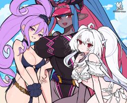 Rule 34 | 3girls, ahoge, bare shoulders, beach, belt, bikini, black one-piece swimsuit, blue hair, blue sky, blush, body markings, breasts, cleavage, collarbone, colored skin, covered navel, dark-skinned female, dark skin, fate/grand order, fate (series), frilled bikini, frills, grey skin, grin, hacco mayu, hair between eyes, hair ornament, hair scrunchie, highleg, highleg swimsuit, highres, horns, ibuki douji (fate), ibuki douji (swimsuit berserker) (fate), ibuki douji (swimsuit berserker) (first ascension) (fate), knees up, lady avalon (fate), lady avalon (second ascension) (fate), large breasts, long hair, looking at viewer, medium breasts, merlin (fate/prototype), multicolored hair, multiple girls, one-piece swimsuit, oni, oni horns, open mouth, pink hair, pink headwear, pink one-piece swimsuit, pointy ears, ponytail, purple eyes, purple hair, red eyes, scrunchie, side ponytail, sidelocks, sky, smile, swimsuit, tail, thighlet, thighs, two-tone swimsuit, very long hair, visor cap, white bikini, white hair, wrist scrunchie, wu zetian (fate), wu zetian (swimsuit caster) (fate), wu zetian (swimsuit caster) (first ascension) (fate)