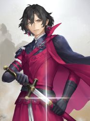 Rule 34 | 1boy, armor, belt, black belt, black cape, black gloves, black hair, brown eyes, cape, collared cape, constantine xi (fate), curtained hair, diffraction spikes, earrings, fate/grand order, fate (series), glint, gloves, hair between eyes, highres, holding, holding sheath, holding sword, holding weapon, jewelry, kouzuki kei, looking at viewer, male focus, red armor, scowl, sheath, short hair, shoulder belt, side cape, smoke, solo, sword, two-sided fabric, unsheathing, upper body, weapon