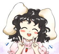 Rule 34 | 1girl, :d, ^ ^, animal ears, black hair, blush stickers, carrot necklace, closed eyes, double v, floppy ears, hands up, inaba tewi, jewelry, necklace, nonamejd, official style, open mouth, puffy sleeves, rabbit ears, rabbit girl, simple background, smile, solo, teeth, touhou, upper body, upper teeth only, v, white background, zun (style)