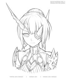 Rule 34 | 1girl, armor, eyepatch, gofelem, greyscale, horns, ice horns, monochrome, nintendo, pauldrons, shoulder armor, simple background, single horn, sketch, solo, theory (xenoblade), upper body, white background, xenoblade chronicles (series), xenoblade chronicles 2, xenoblade chronicles (series), xenoblade chronicles 2
