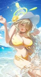 Rule 34 | 1girl, aakin5349, arms up, bare shoulders, bikini, blonde hair, blue archive, blush, breasts, cleavage, commentary request, flower, groin, hair between eyes, halo, hat, highres, korean commentary, large breasts, long hair, looking at viewer, navel, nonomi (blue archive), nonomi (swimsuit) (blue archive), ocean, open mouth, outdoors, side-tie bikini bottom, solo, strap gap, string bikini, sun hat, swimsuit, yellow eyes, yellow flower, yellow halo