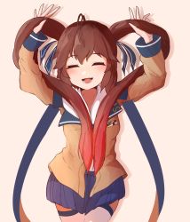 Rule 34 | 1girl, absurdres, ahoge, blazer, blue ribbon, blue skirt, brown hair, cowboy shot, drop shadow, closed eyes, facing viewer, girls&#039; frontline, gradient hair, hair ribbon, hands up, highres, jacket, laughing, llpfmfc, long hair, m14 (girls&#039; frontline), multicolored hair, open mouth, pink background, playing with own hair, pleated skirt, red hair, ribbon, service ribbon, sidelocks, skirt, solo, thighhighs, twintails, very long hair, aged down, zettai ryouiki