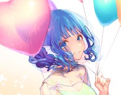 Rule 34 | 1girl, balloon, blonde hair, blue eyes, blush, bow, breasts, cleavage, collar, commentary, curly hair, double dealing character, eyelashes, fingernails, fins, frilled collar, frills, gradient background, green tank top, grin, hand up, head fins, highres, holding, holding balloon, looking at viewer, medium breasts, mermaid, mokokiyo (asaddr), monster girl, orange background, see-through, see-through sleeves, short hair, simple background, smile, solo, symbol-only commentary, tank top, touhou, upper body, wakasagihime, white background