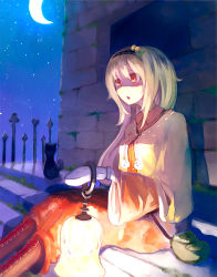 Rule 34 | 1girl, bad id, bad pixiv id, bag, blonde hair, boots, brick wall, cat, crescent moon, cross-laced footwear, highres, lace-up boots, lamp, long hair, mittens, miysin, moon, night, night sky, original, sin (artist), sitting, sky, solo, stairs, star (symbol)