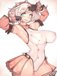 Rule 34 | 1girl, ahoge, aqua eyes, black gloves, blush, bracelet, breasts, collar, detached sleeves, elphelt valentine, frilled skirt, frills, fumio (rsqkr), gloves, guilty gear, guilty gear strive, hairband, heart, highres, jewelry, large breasts, looking at viewer, pink sleeves, short hair, shorts, sideboob, simple background, skindentation, skirt, skull print, smile, solo, spiked bracelet, spikes, thick thighs, thighs, white background