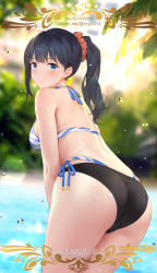 Rule 34 | 10s, 1girl, ass, bikini, black bikini, black hair, blue eyes, blurry, blurry background, breasts, character name, commentary request, copyright name, craft essence (fate), fate (series), from behind, gridman universe, hair ornament, hair scrunchie, highres, layered bikini, leaning forward, legs together, long hair, looking at viewer, looking back, medium breasts, mismatched bikini, orange scrunchie, outdoors, parted lips, pixiv id, ponytail, scrunchie, side-tie bikini bottom, side-tie bottom, solo, ssss.gridman, standing, swimsuit, takarada rikka, translation request, water, water drop, watermark, web address, yijian ma