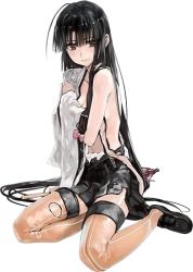 Rule 34 | 10s, 1girl, 3:, black hair, bob (biyonbiyon), covering privates, covering breasts, front-seamed legwear, full body, kantai collection, long hair, looking at viewer, lowres, official art, seamed legwear, shouhou (kancolle), sitting, solo, thighhighs, torn clothes, transparent background, very long hair
