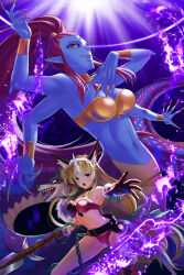 Rule 34 | :d, animal ear fluff, belt, bikini, blonde hair, blue eyes, blue skin, breasts, chain, claws, colored skin, commission, dated, extra arms, fangs, forehead jewel, hand up, high ponytail, highres, horns, lamia, long hair, looking at viewer, low-tied long hair, magic, medium breasts, monster girl, navel, open mouth, phanna, pixiv commission, pointy ears, red bikini, riesz, seiken densetsu, seiken densetsu 2, seiken densetsu 3, shimeji (simejigesyu), single horn, single thighhigh, smile, standing, swimsuit, thighhighs, wolf, yellow nails