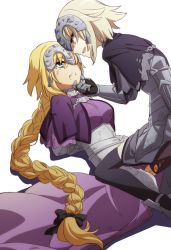 Rule 34 | 2girls, armor, blonde hair, blood, blue eyes, braid, capelet, dark persona, dual persona, fate/apocrypha, fate/grand order, fate (series), gauntlets, girl on top, headwear request, injury, jeanne d&#039;arc (fate), jeanne d&#039;arc (ruler) (fate), jeanne d&#039;arc alter (avenger) (fate), jeanne d&#039;arc alter (fate), long hair, multiple girls, oiun, ruler (fate/grand order), short hair, simple background, single braid, thighhighs, torn clothes, torn legwear, very long hair, white background, yellow eyes, yuri, zettai ryouiki