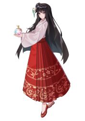 Rule 34 | absurdres, adapted costume, ailu elf, black hair, chinese commentary, closed mouth, commentary request, grey eyes, hakama, hakama skirt, highres, houraisan kaguya, japanese clothes, kimono, long hair, long skirt, long sleeves, red footwear, red hakama, simple background, skirt, smile, touhou, white background, white kimono, wide sleeves