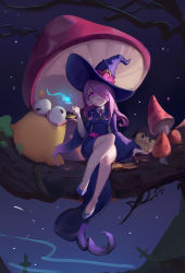 Rule 34 | 1girl, absurdres, alternate eye color, blue fire, breasts, collar, commentary request, eyeshadow, fire, fire, hair over one eye, half-closed eyes, hat, highres, index finger raised, light purple hair, little witch academia, long hair, looking at viewer, luna nova school uniform, magic, makeup, moss, mushroom, nail polish, night, night sky, no socks, open mouth, pointy footwear, purple eyes, purple nails, purple neckwear, school uniform, shoes, sitting, sitting on branch, sky, small breasts, smile, star (sky), strange 7, sucy manbavaran, thighs, branch, white collar, wide sleeves, witch, witch hat