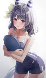 Rule 34 | 1girl, :o, animal ears, backlighting, blue one-piece swimsuit, bow, breasts, cleavage, clothing cutout, commentary, competition school swimsuit, cowboy shot, crossed arms, ear covers, ear ornament, ear ribbon, from side, gradient ribbon, grey eyes, grey hair, highres, hishi miracle (umamusume), holding, holding kickboard, horse ears, horse girl, horse tail, hugging object, kickboard, leaning forward, looking at viewer, medium breasts, medium hair, nervous, o-ring, official alternate costume, one-piece swimsuit, parted bangs, parted lips, raised eyebrows, ribbon, school swimsuit, simple background, single vertical stripe, solo, standing, sweatdrop, swept bangs, swimsuit, tail, tail through clothes, thighs, tracen swimsuit, umamusume, white background, white ribbon, yellow ribbon, yoimoriyoru