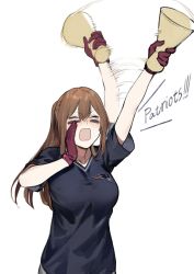 Rule 34 | 1girl, blush, breasts, brown hair, casual, collarbone, duoyuanjun, facepaint, girls&#039; frontline, gloves, hair between eyes, hair rings, highres, large breasts, long hair, motion blur, new england patriots, open mouth, ponytail, shirt, sidelocks, simple background, solo, springfield (girls&#039; frontline), tearing up, v-shaped eyebrows, white background