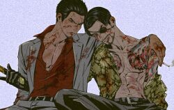 Rule 34 | 2boys, after battle, bara, bare pectorals, blood, blood on clothes, blood on face, cigarette, collared shirt, cowboy shot, eyepatch, facial hair, frown, genandnak, goatee, goatee stubble, holding, holding cigarette, holding sword, holding weapon, index finger raised, kiryu kazuma, looking at viewer, majima goro, male focus, mature male, multiple boys, pectoral cleavage, pectorals, ryuu ga gotoku (series), ryuu ga gotoku 0, shirt, short hair, smirk, stubble, sword, thick eyebrows, weapon, yakuza, yaoi