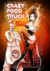 Rule 34 | 1boy, 1girl, arisa (crazy food truck), bowl, chef, chef hat, china dress, chinese clothes, crazy food truck, crossed arms, dress, facial hair, food, glasses, gordon goliath, hair bun, hat, highres, mustache, noodles, official art, ogaki rokurou, pelvic curtain, ramen, single hair bun, standing, standing on one leg, tagme, thighhighs, thighs