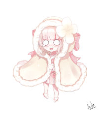 Rule 34 | 1girl, absurdres, alswp5806, blush, bow, brown cloak, brown hair, chibi, cloak, flower, food fantasy, fur-trimmed cloak, fur-trimmed hood, fur trim, fur trimm, highres, holding, hood, hood up, hooded cloak, jiuniang (food fantasy), long hair, long sleeves, looking at viewer, o o, parted lips, pink bow, pink skirt, pleated skirt, shoes, signature, simple background, skirt, solo, standing, teardrop, wavy mouth, white background, white flower, white footwear