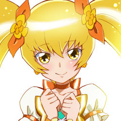 Rule 34 | 10s, 1girl, absurdres, bad id, bad pixiv id, blonde hair, blush, bow, brooch, choker, cure sunshine, earrings, flower, flower earrings, hair bow, heart, heart brooch, heartcatch precure!, highres, jewelry, long hair, magical girl, myoudouin itsuki, orange bow, precure, puffy short sleeves, puffy sleeves, sharumon, short sleeves, smile, solo, twintails, yellow bow, yellow eyes