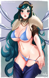 Rule 34 | 1girl, aviator irelia, bikini, blue bikini, blue pants, blush, border, breasts, brown jacket, cleavage, clothes pull, fur-trimmed jacket, fur trim, green hair, grey background, highres, irelia, jacket, large breasts, league of legends, lingerie, long hair, merellyne, navel, open clothes, open jacket, open pants, pants, pants pull, parted lips, red lips, signature, solo, swimsuit, tan, teeth, two-tone background, underwear, very long hair, watermark, web address, white border