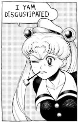 Rule 34 | 1girl, bishoujo senshi sailor moon, border, breasts, bright pupils, cleavage, commentary, derivative work, english commentary, english text, greyscale, hat, highres, monochrome, mouth hold, one eye closed, pipe in mouth, popeye the sailor, sailor moon, smoking pipe, solo, trait connection, tsukino usagi, twintails, upper body, white border, white pupils, y naf