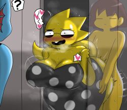 Rule 34 | 1boy, 2girls, ?, alphys, blue skin, blush, breasts, brown hair, cheating (relationship), cleavage, clothed sex, clothes, colored skin, cuckquean, doorway, enigi09, frisk (undertale), glasses, heart, highres, huge breasts, monster girl, multiple girls, netorare, open mouth, pov doorway, robe, sex, sex from behind, speech bubble, standing, standing sex, stealth sex, undertale, undyne, yellow skin