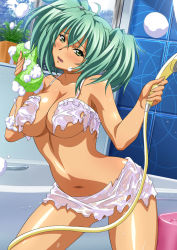 Rule 34 | 1girl, bare legs, breasts, curvy, female focus, green eyes, green hair, ikkitousen, large breasts, looking at viewer, ryofu housen, shiny skin, twintails