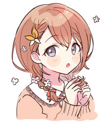 Rule 34 | 1girl, alternate hairstyle, blush stickers, bow, braid, brown hair, collared shirt, cropped shoulders, dot nose, expressionless, eyelashes, flat chest, floral background, flower, grey eyes, hair behind ear, hair between eyes, hair bow, hair flower, hair ornament, hair ribbon, hanasato minori, hands up, holding, holding hair, lace, lace-trimmed collar, lace trim, light blush, looking at viewer, low twin braids, orange bow, orange ribbon, parted lips, pink sweater, pjmiyo, project sekai, ribbon, shirt, sidelocks, sideways glance, simple background, solo, sweater, swept bangs, tareme, twin braids, two-tone bow, undershirt, upper body, white background, white bow, white flower
