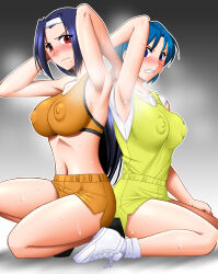 Rule 34 | 2girls, arm up, armpits, arms up, asahina natsuki, blue eyes, blue hair, blush, breasts, covered erect nipples, hairband, hand on another&#039;s shoulder, hand on own head, hand on own thigh, highres, large breasts, long hair, looking at viewer, medium breasts, mokkouyou bond, mole, mole under mouth, multiple girls, navel, nipples, orange shorts, orange sports bra, red eyes, serizawa miki, shiny skin, shirt, short hair, short sleeves, shorts, simple background, sitting, sleeveless, sports bra, steaming body, super real mahjong, sweat, very long hair, white footwear, white shirt, yellow shirt, yellow shorts
