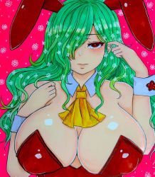 Rule 34 | 1girl, animal ears, ascot, bad hands, bare shoulders, blush, breasts, cleavage, detached collar, expressionless, fake animal ears, green hair, hair behind ear, hair over one eye, half-closed eyes, kazami yuuka, kazami yuuka (pc-98), large breasts, long hair, looking at viewer, pink background, rabbit ears, red eyes, simple background, solo, touhou, touhou (pc-98), upper body, washiwa, wrist cuffs, yellow ascot