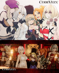 Rule 34 | 5girls, alcohol, bandai namco, baseball cap, black eyes, blonde hair, blue eyes, bob cut, breasts, candle, cleavage, coco (code vein), code vein, cropped jacket, dress, eva roux, expressionless, eyeshadow, flower, fur trim, gloves, gradient background, green eyes, hat, highres, io (code vein), large breasts, makeup, medium breasts, mia karnstein, midriff, multiple girls, no bra, official art, orange hair, party popper, ponytail, rin murasame, short hair with long locks, signature, small breasts, smile, stitched face, stitches, twintails, underboob, yellow eyes